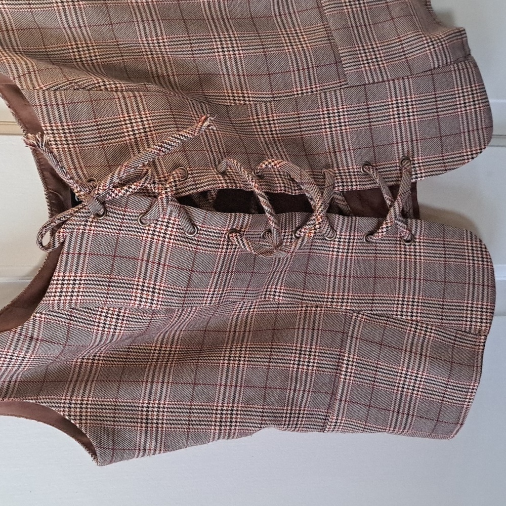 Scarlet Darkness Plaid Lace-Up Corset Vest Top Lined Cottagecore Goth Y2k - Picture 3 of 10